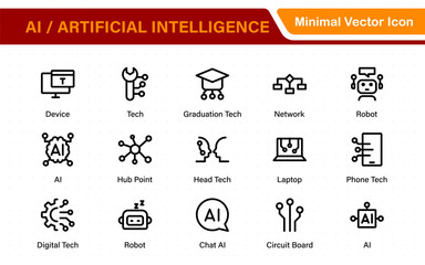 Fototapete - Set of Ai artificial intelligence icon set vector collection. AI Essentials line Icon collection, artificial intelligence icon set in line style, machine learning, smart robotic Free Vector