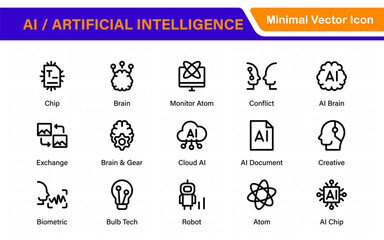 Fototapete - Set of Ai artificial intelligence icon set vector collection. AI Essentials line Icon collection, artificial intelligence icon set in line style, machine learning, smart robotic Free Vector