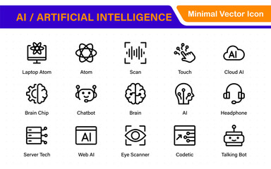 Fototapete - Set of Ai artificial intelligence icon set vector collection. AI Essentials line Icon collection, artificial intelligence icon set in line style, machine learning, smart robotic Free Vector