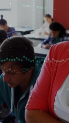 Poster - Animation of graphs over caucasian female teacher and class of diverse pupils