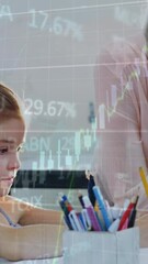 Poster - Animation of graphs over caucasian female teacher helping girl at school