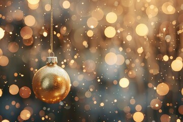 Poster - Golden christmas ball hanging against a background of sparkling bokeh lights, evoking a festive holiday mood