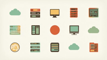 Poster - Flat icon set of cloud computing, servers, and data storage arranged on white background