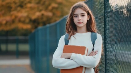 Poster - Schoolgirl with a backpack, holding a book and waiting by the schoolyard fence, embodies the spirit of back to school and the excitement of education during autumn