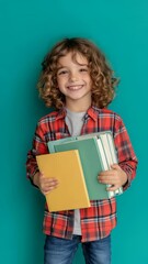 Aufkleber - Happy child holding colorful books, smiling and ready for the new school year on a vibrant turquoise background, representing education and learning
