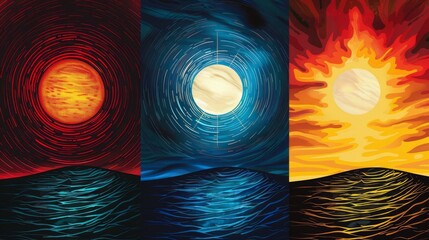 Poster - The image consists of three abstract, minimalistic designs of a sun over a horizon, depicted in a geometric and colorful style