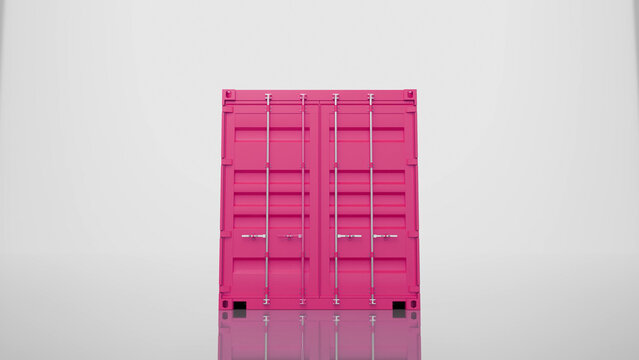 Closed pink shipping container standing on a reflective surface in a white studio setting, representing global trade, logistics, and transportation of goods