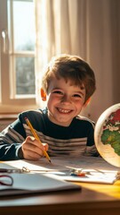 Poster - Happy elementary school student smiling while studying geography at home, engaging with a globe and pencil, enjoying the learning process and the excitement of back to school