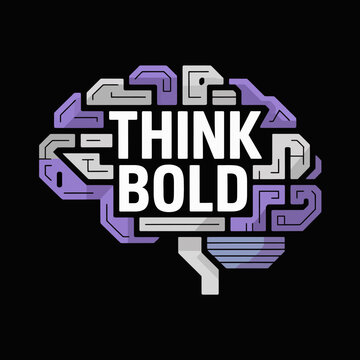 Stylized brain graphic with the words think bold in white text against a black background representing innovation and creativity