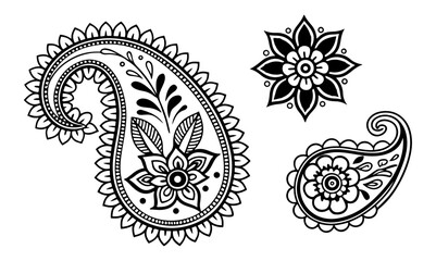 Aufkleber - Black and white paisley patterns and floral designs isolated on a white background for textile design.
