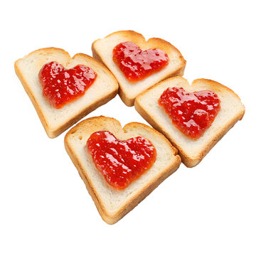 Toasted slice of bread with heart shaped of strawberry jam isolated on transparent background

