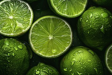 Poster - Vibrant green limes, whole and halved, creating a refreshing visual with water droplets on a dark background