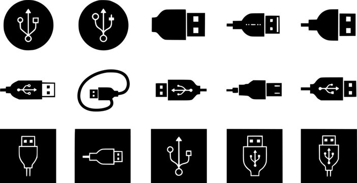 Set of USB vector icons on black and white backgrounds, connection and technology symbols, isolated.