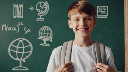 Fototapete - Young student wearing backpack standing near chalkboard with drawings, radiating cheerful expression while enjoying educational environment during school lesson