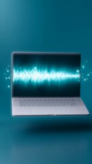 Fototapete - Laptop with sound wave visualization displayed on screen, surrounded by glowing particles, representing technology and digital audio concepts in a modern design environment