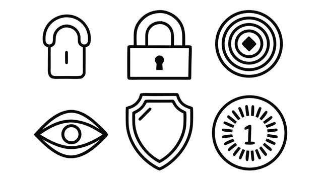 Black outline icons for security privacy and protection lock shield