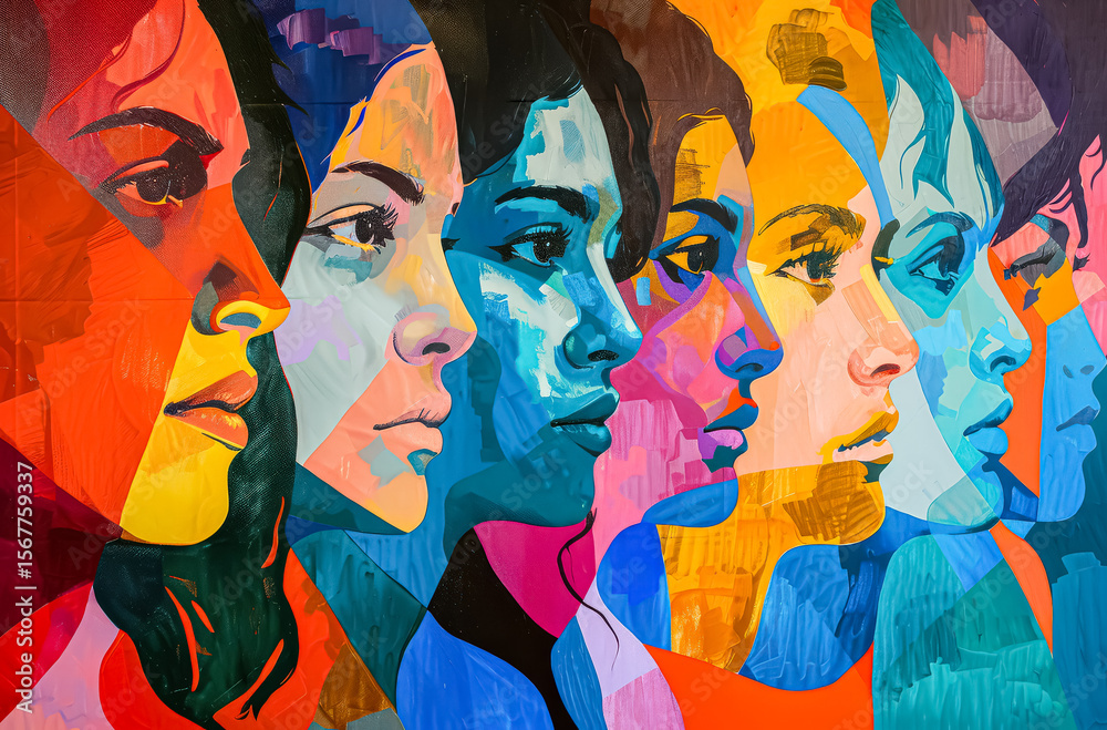 Painting of several women's faces with different colors and styles