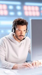 Fototapete - Young man with headset is focused on computer work in a modern office environment, showcasing technology use and professional engagement in a collaborative workspace