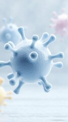 Poster - 3D illustration of colorful virus particles floating in a soft-focus environment, showcasing intricate details and textures, representing microscopic life forms in a scientific context