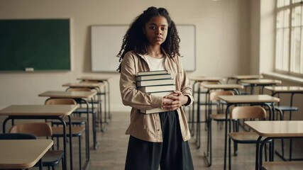 Aufkleber - African american student standing confidently in classroom, holding stack of books, representing academic determination during back to school season