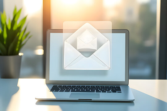 Transparent, multi-sized envelope icon floating on a laptop in a windowed office.