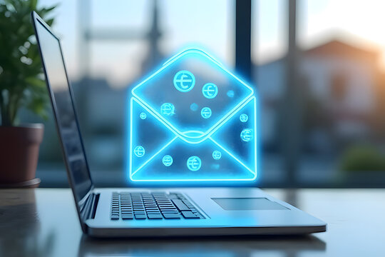 Transparent, multi-sized envelope icon floating on a laptop in a windowed office.