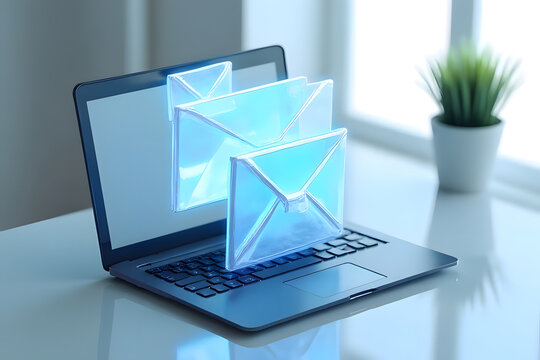 Transparent, multi-sized envelope icon floating on a laptop in a windowed office.