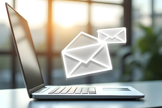 Transparent, multi-sized envelope icon floating on a laptop in a windowed office.