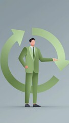 Poster - Businessman in green suit standing confidently with upward arrows and circular arrows in background, symbolizing growth, sustainability, and progress in a modern, abstract illustration