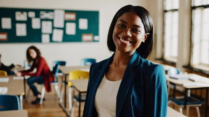 Aufkleber - Happy teacher smiling in classroom with students studying in background, wearing a blue jacket and white shirt, in a bright and airy classroom
