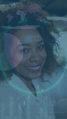 Poster - Animation of infographic interface over circles and smiling african american businesswoman