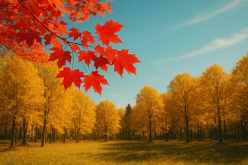Poster - Bright crimson maple foliage during autumn in a sunny yellow park under a clear blue sky, vintage style