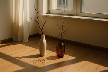 Poster - Decorative vases containing deadwood arranged on a windowsill with shadows cast on a wooden floor