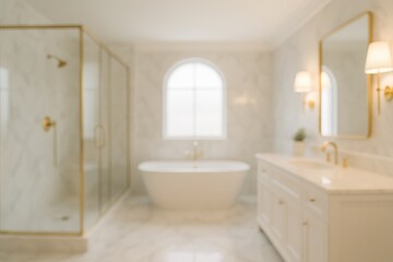 Poster - A tranquil and upscale bathroom showcasing sleek fixtures, expansive space, and refined marble details, exuding elegance and comfort.