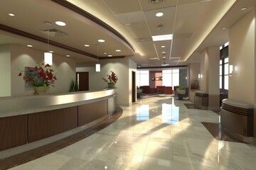 Poster - Bright, spacious hotel lobby featuring a reception desk, waiting area, and large windows allowing natural sunlight to illuminate the space