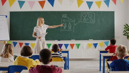 Aufkleber - Enthusiastic teacher pointing at chalkboard, explaining a lesson to her attentive elementary school students in a brightly decorated classroom