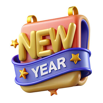 Festive 3d render of golden new year text with stars and ribbon isolated on transparent background