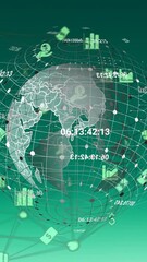 Poster - Animation of network of digital icons over spinning globe against green background