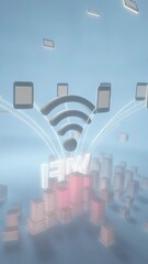 Poster - Abstract 3D illustration of floating geometric shapes and blocks in a soft blue environment, representing digital connectivity and modern technology concepts