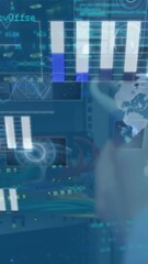 Poster - Animation of abstract shapes and data processing over mid section of engineer working at server room