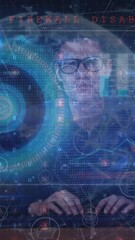 Poster - Animation of cyber attack warning over hacker, globe and data processing