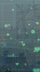 Poster - Animation of network of digital icons and interface with data processing against cityscape