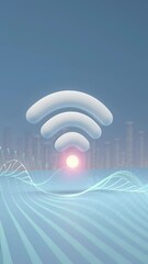 Poster - Abstract digital illustration of wireless signal icon over a futuristic landscape with soft waves and a glowing sun, representing connectivity and technology in modern environments