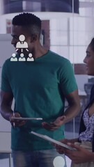 Poster - Animation of networking icons and data processing over diverse business people