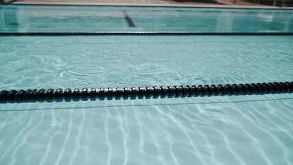 Poster - Lane rope gently floating on turquoise swimming pool surface, creating soft ripples and sparkling sunlight reflections during peaceful outdoor training session