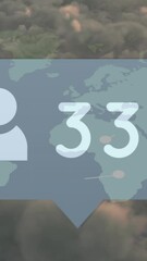 Poster - Animation of social media icon with growing number over world map and sky with clouds