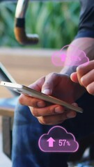 Poster - Animation of digital clouds with percent going up over man using smartphone