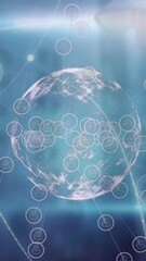 Poster - Animation of icons around globe and connected dots over buildings in background