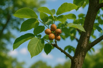 Aufkleber - A lush tree branch showcasing broad green leaves and small clustered nuts