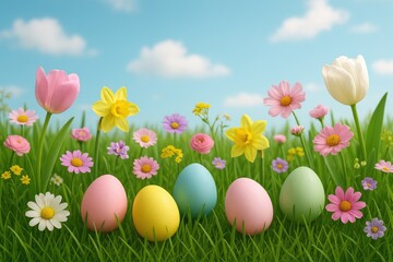 Poster - Springtime Easter scene with blooming flowers and decorated eggs
